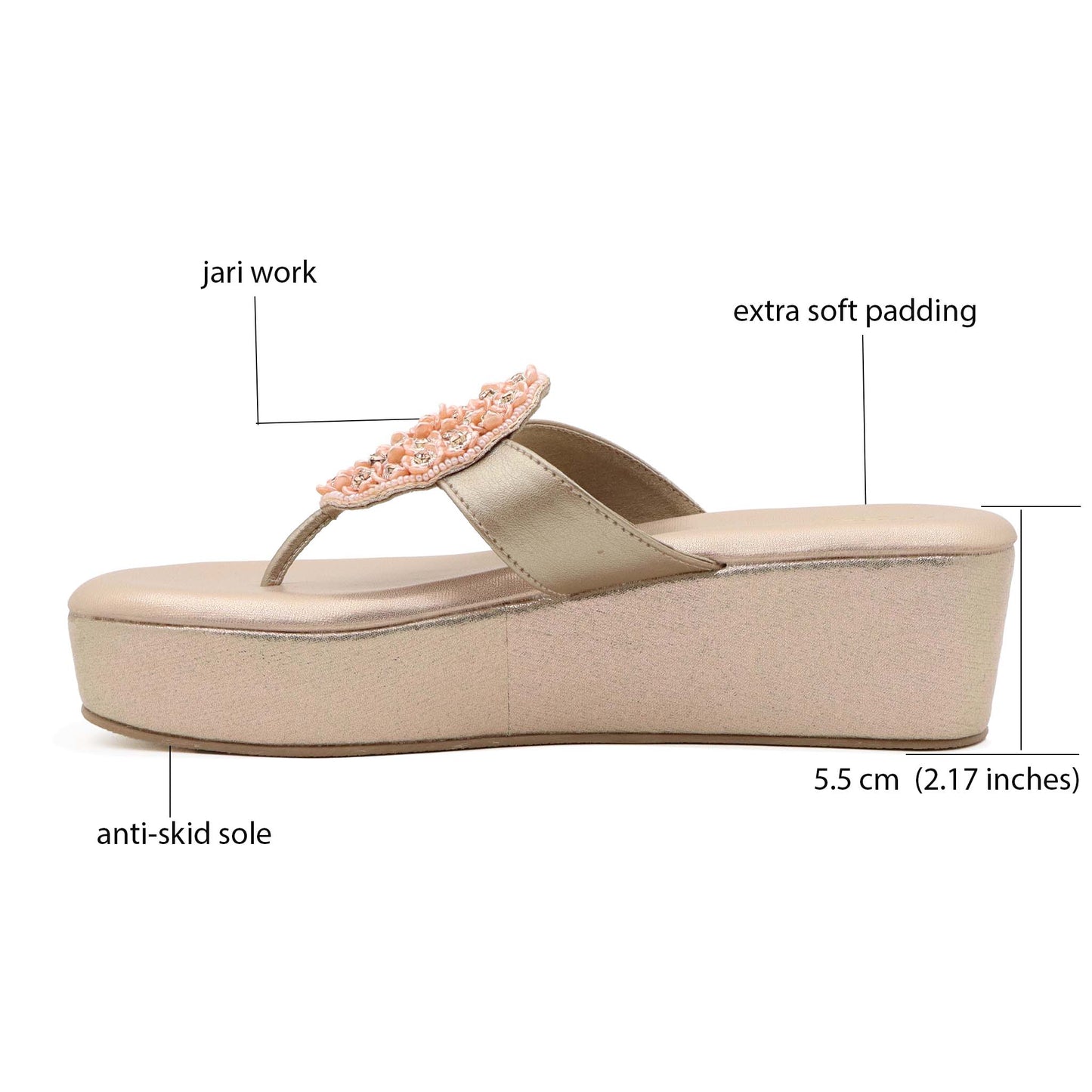 Detail of soft padded footbed in rose gold comfort heels