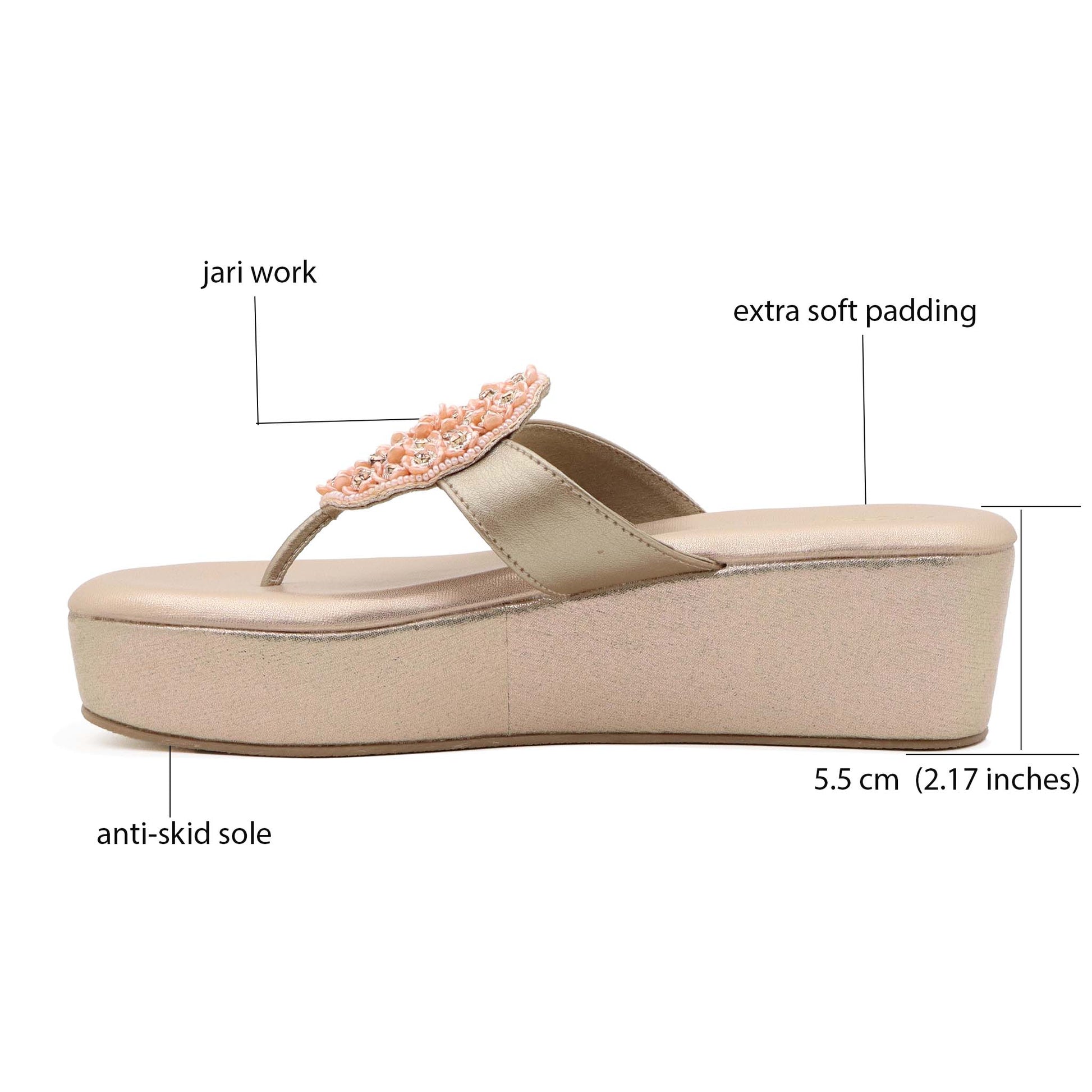 Detail of soft padded footbed in rose gold comfort heels