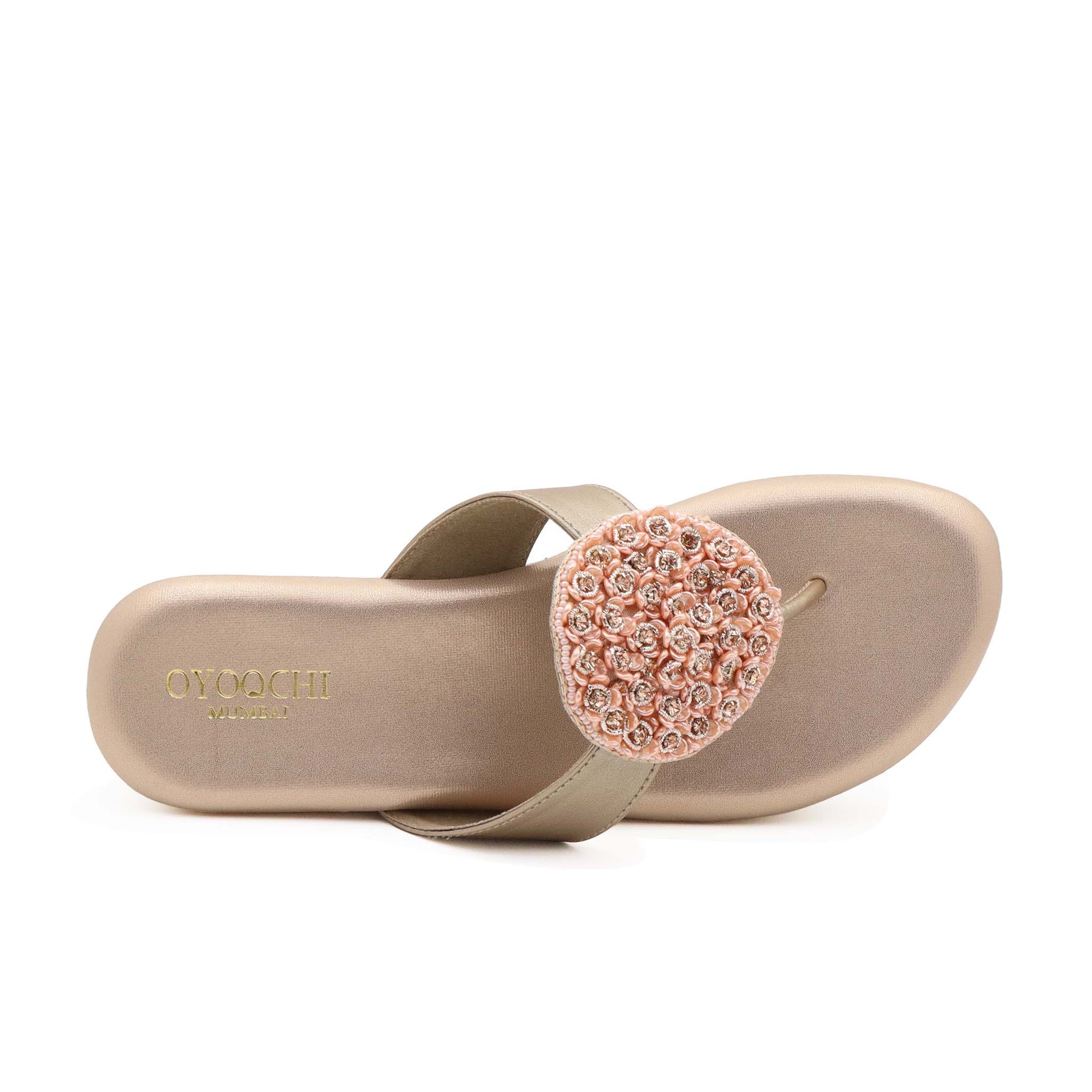 Top view of rose gold cushioned heel sandals for women
