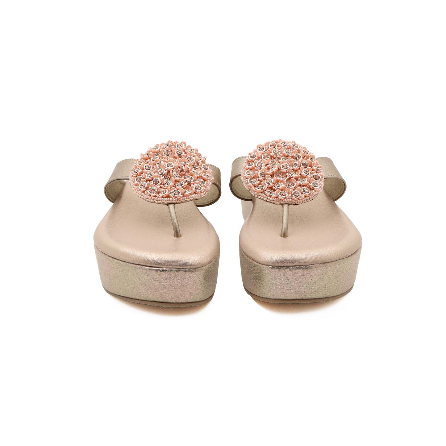 Front view of rose gold cushioned heel sandals for women
