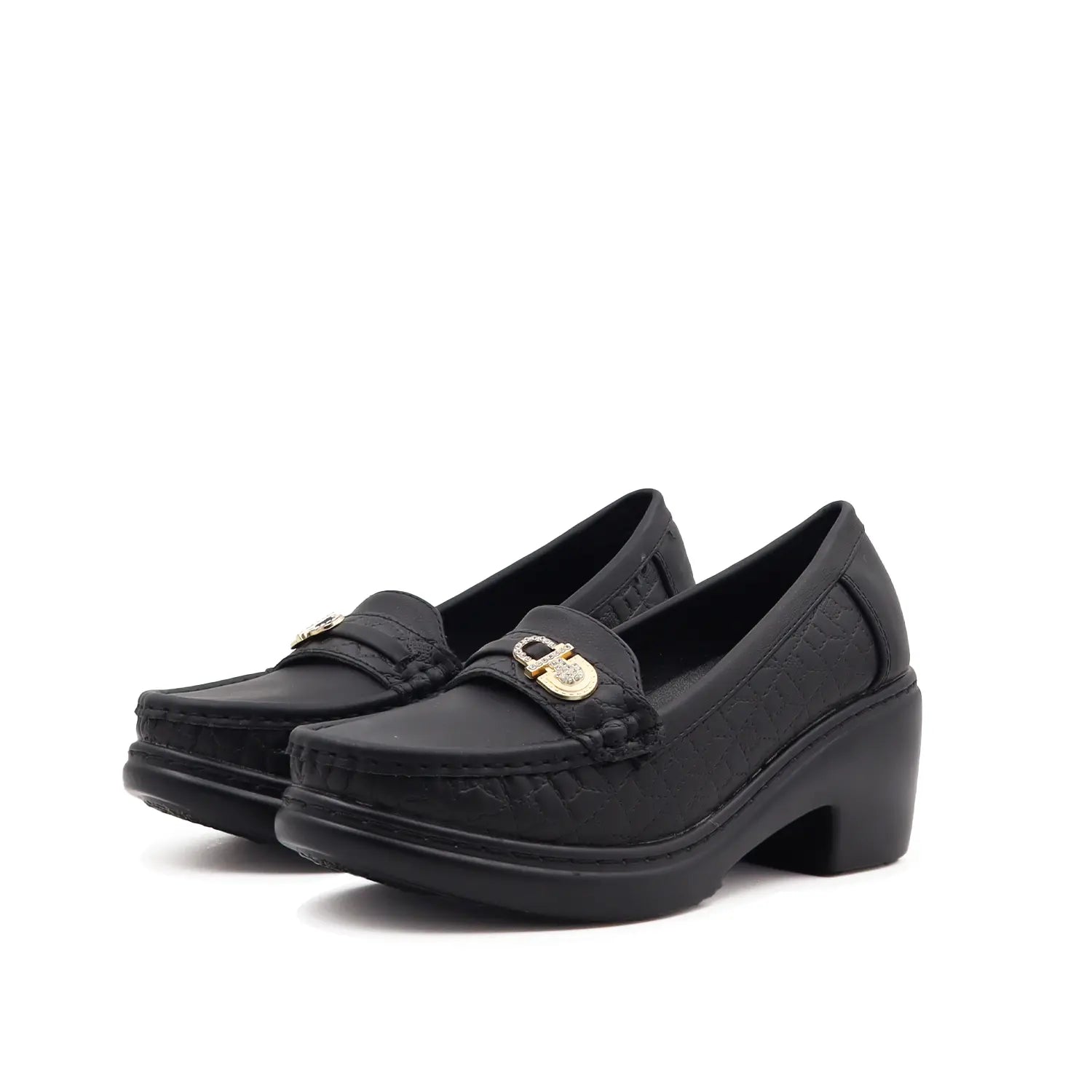 Pair of black loafers with block heel pair view 