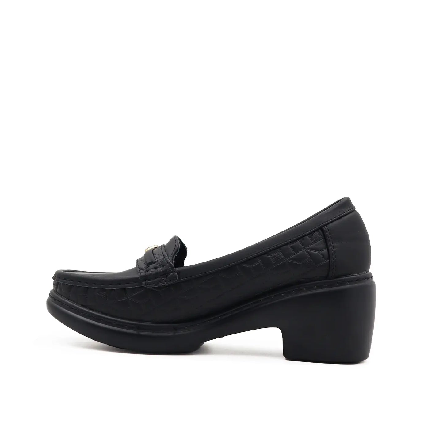 Women's block heel Black loafer shoe on a white background side view