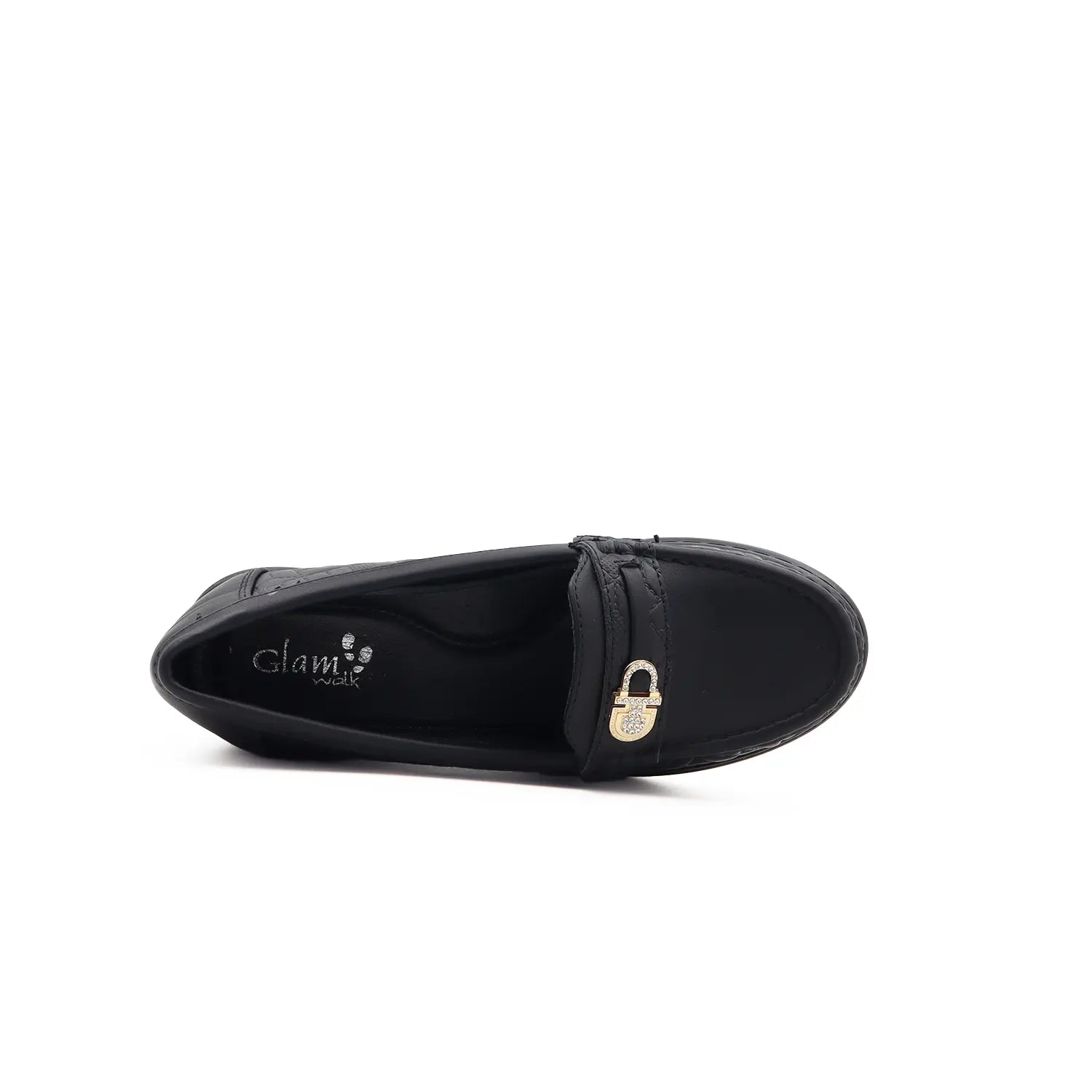 Women's Black shoe with a gold buckle Top view