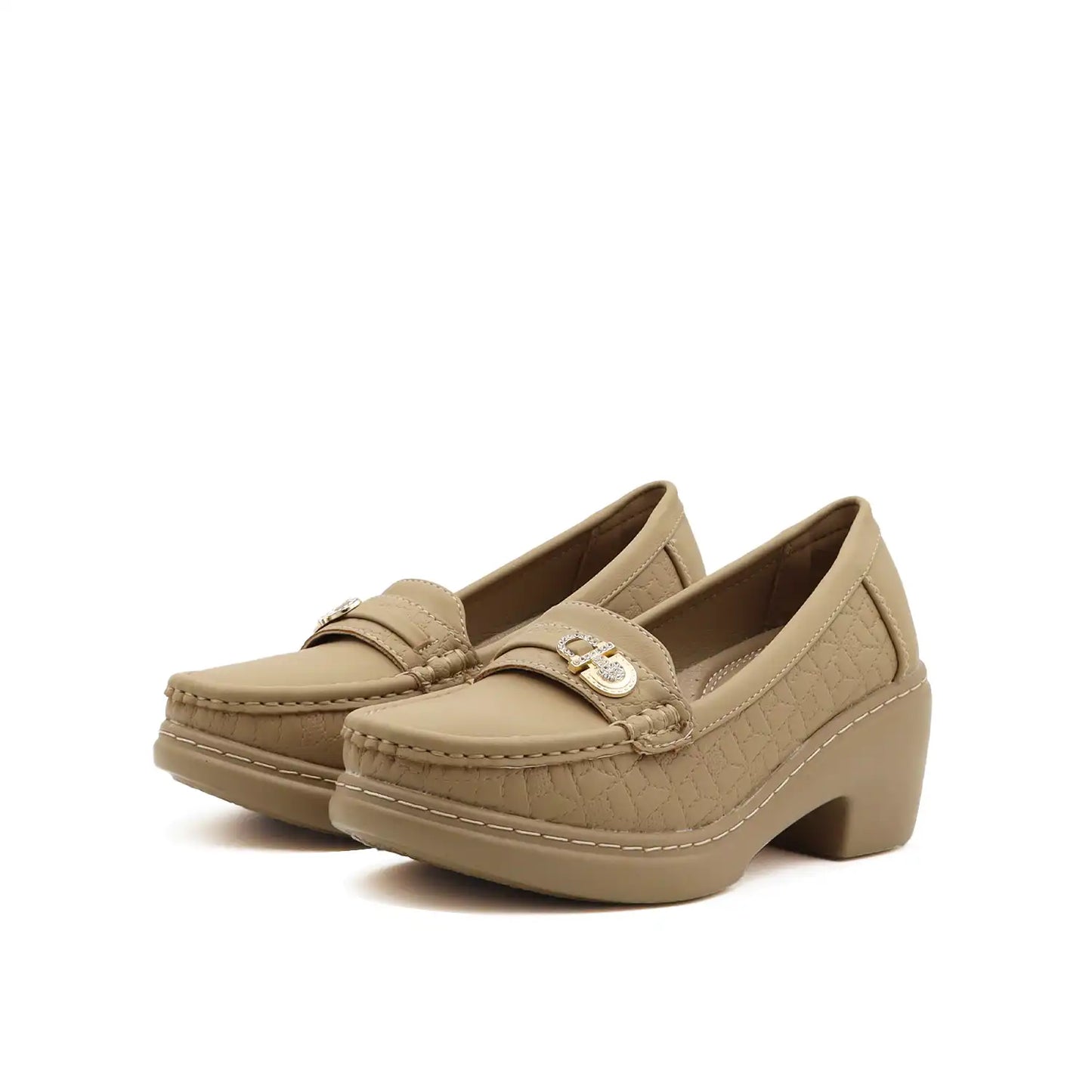 Pair of women's  beige block heel loafers on a white background