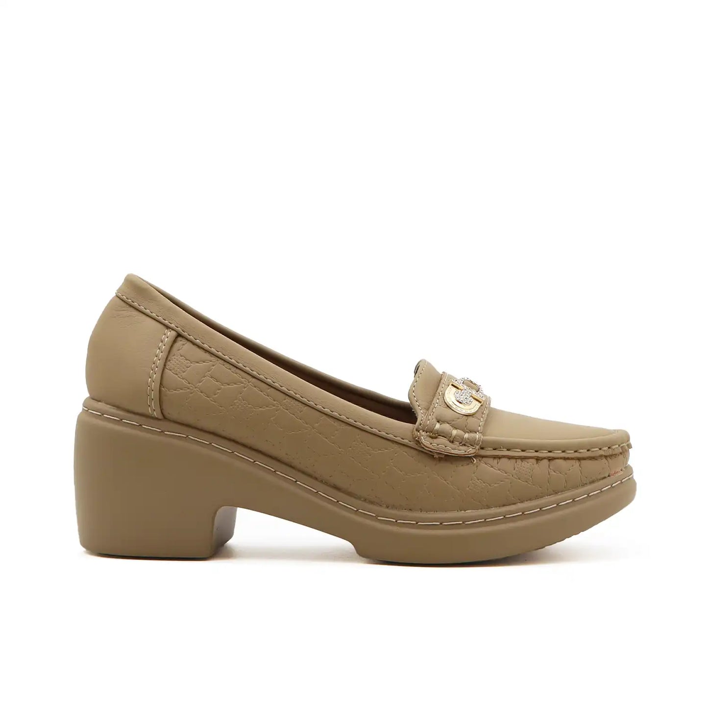 Side view of women's beige loafer shoe with block heel
