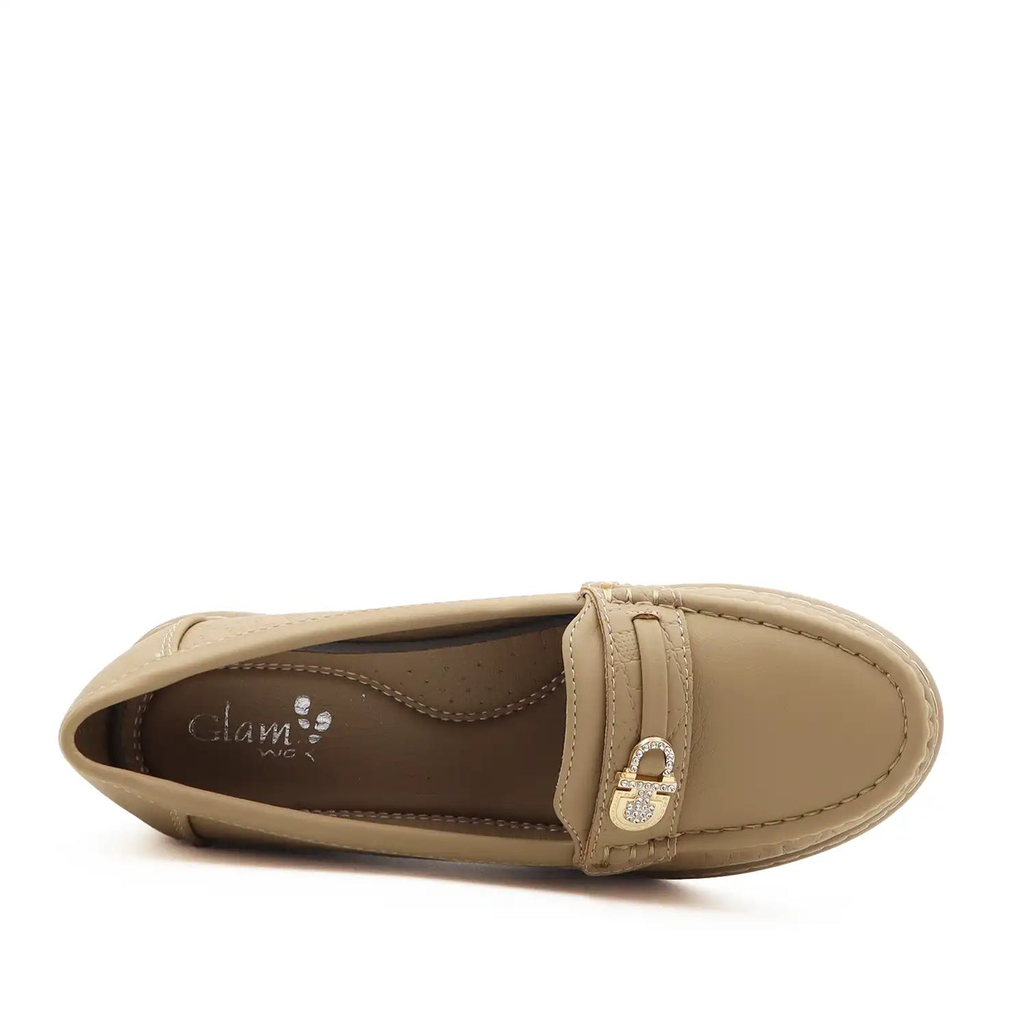 Women's beige loafer shoe with a visible brand logo on a white background