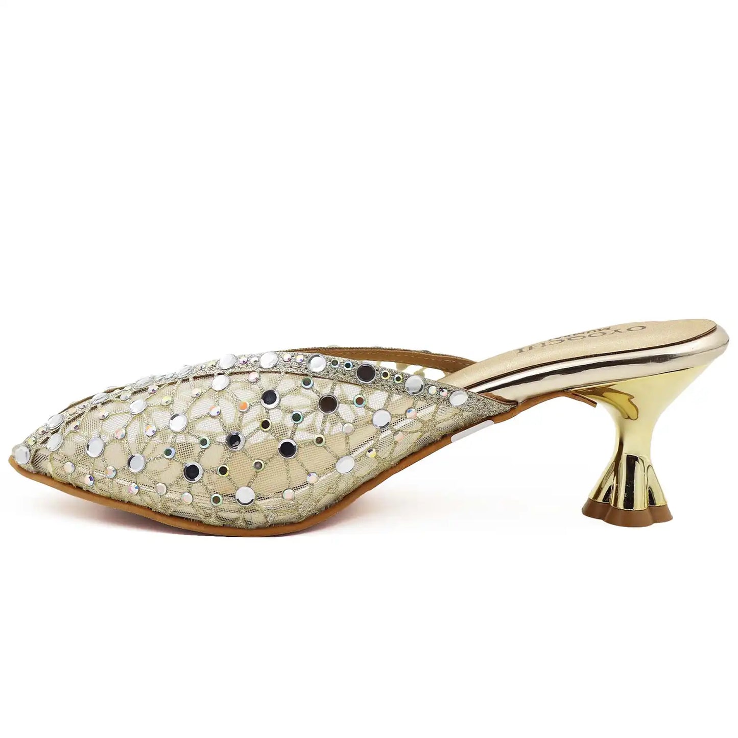 Side view of gold kitten heel mule with crystal mesh