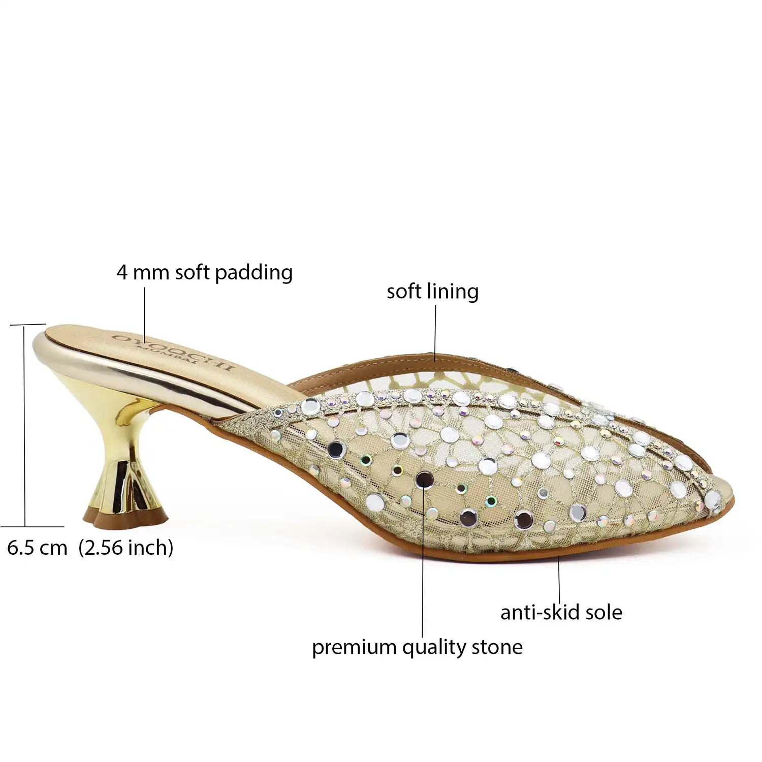 Gold mule heel with 6.5 cm heel and soft padded insole