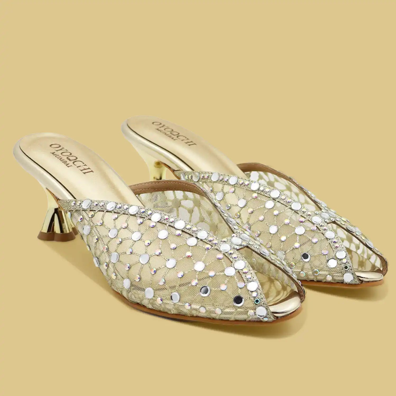 Gold rhinestone embellished mule heels