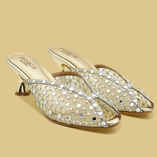 Gold rhinestone embellished mule heels