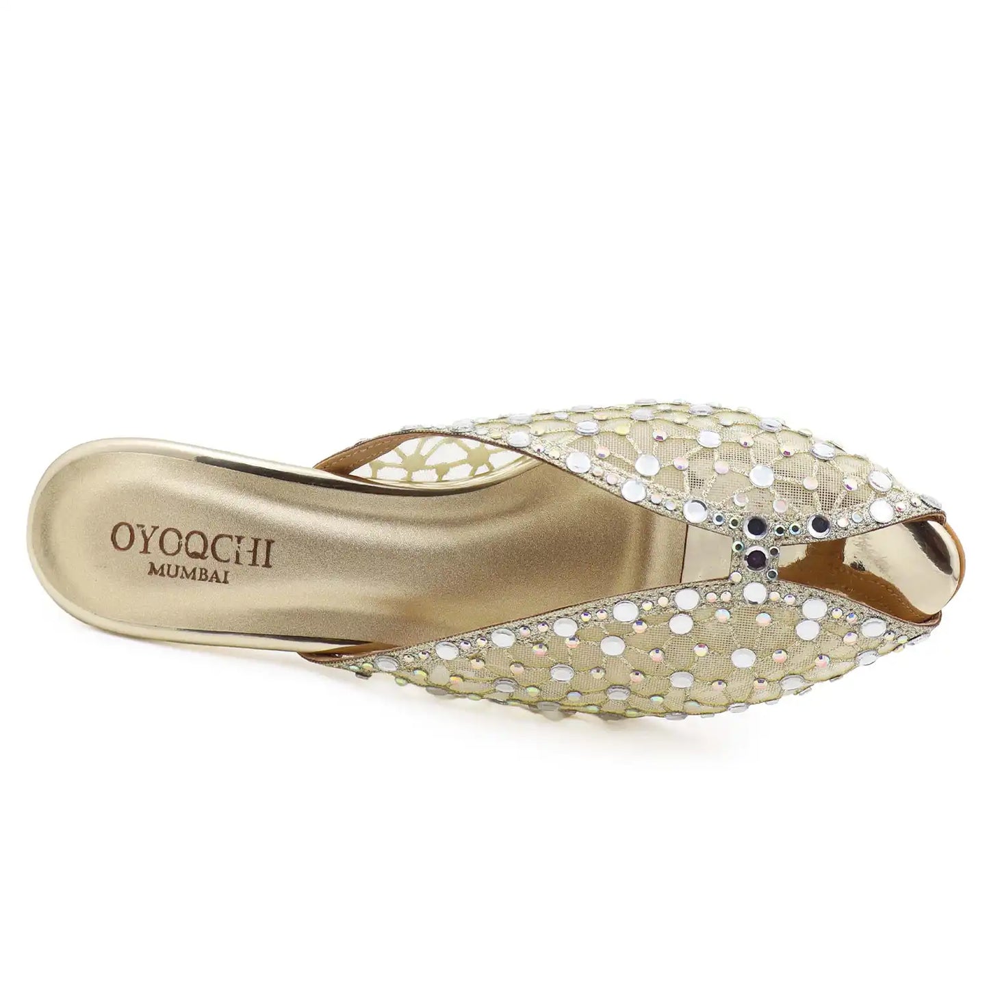 Top view of gold pointed toe rhinestone mule sandal