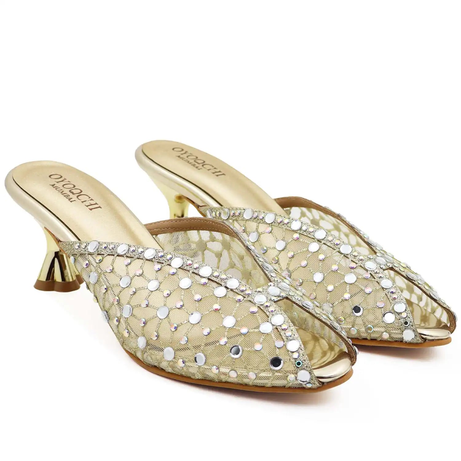 Gold rhinestone embellished mule heels with mesh upper