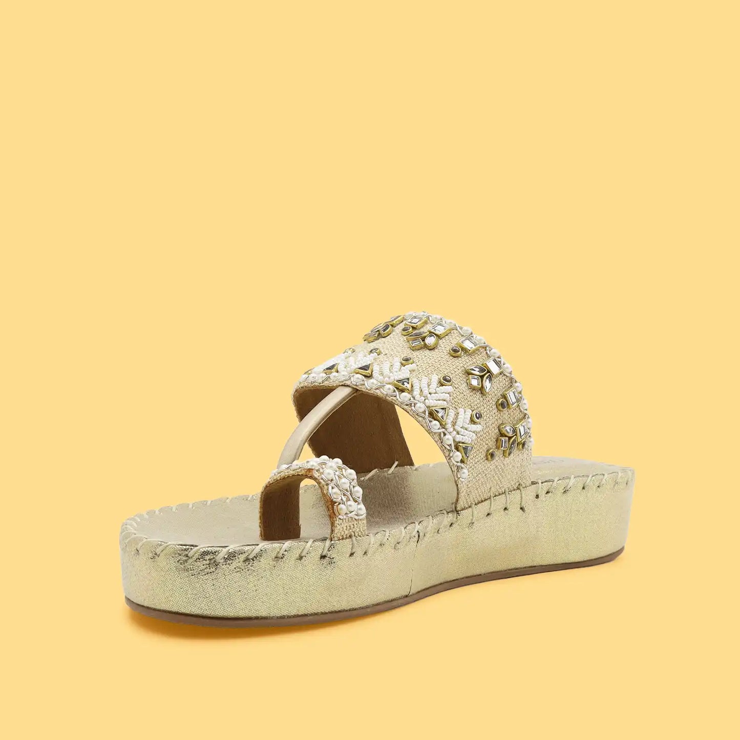 Oyoqchi women's gold ethnic wear platform sandal, angled view