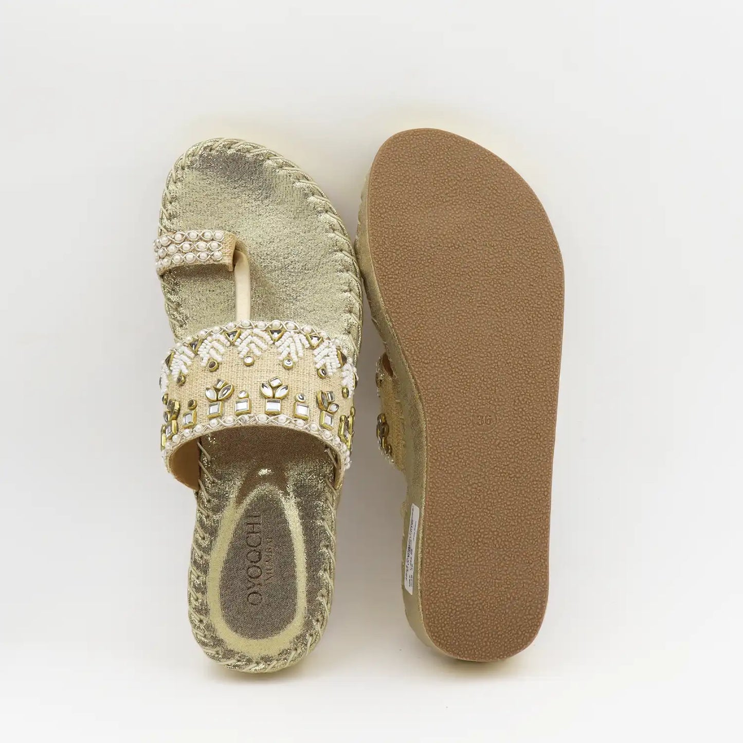 Oyoqchi women's gold ethnic wear platform sandals, top and sole view