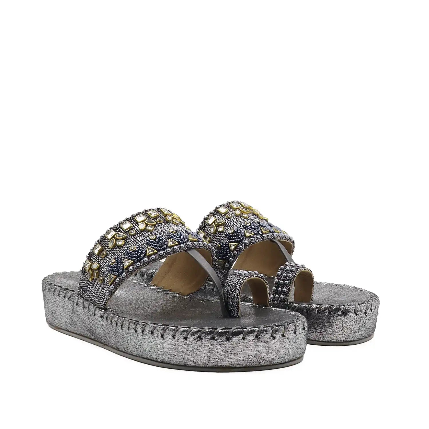 Oyoqchi women's grey ethnic wear platform sandals, angled pair view