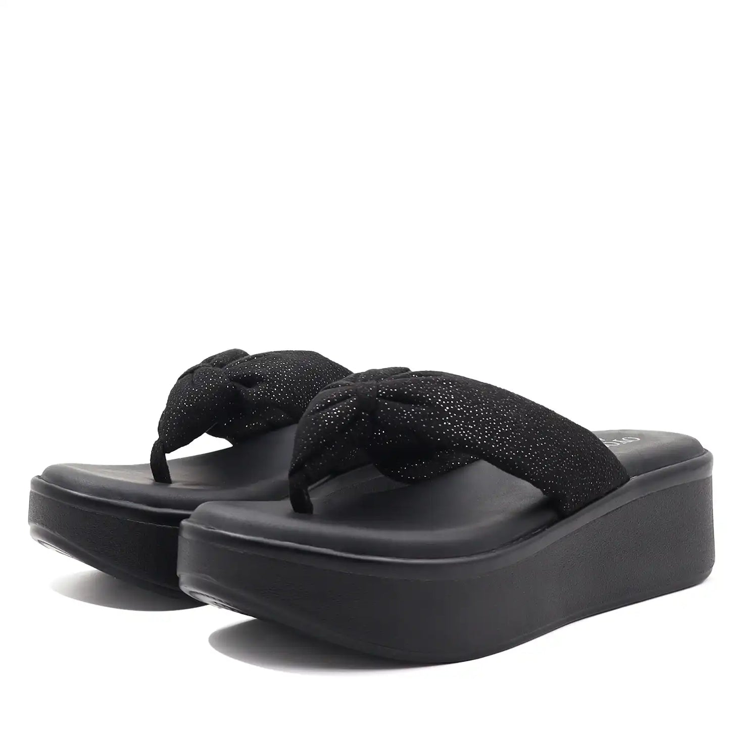 Women's black platform wedge sandals front view.
