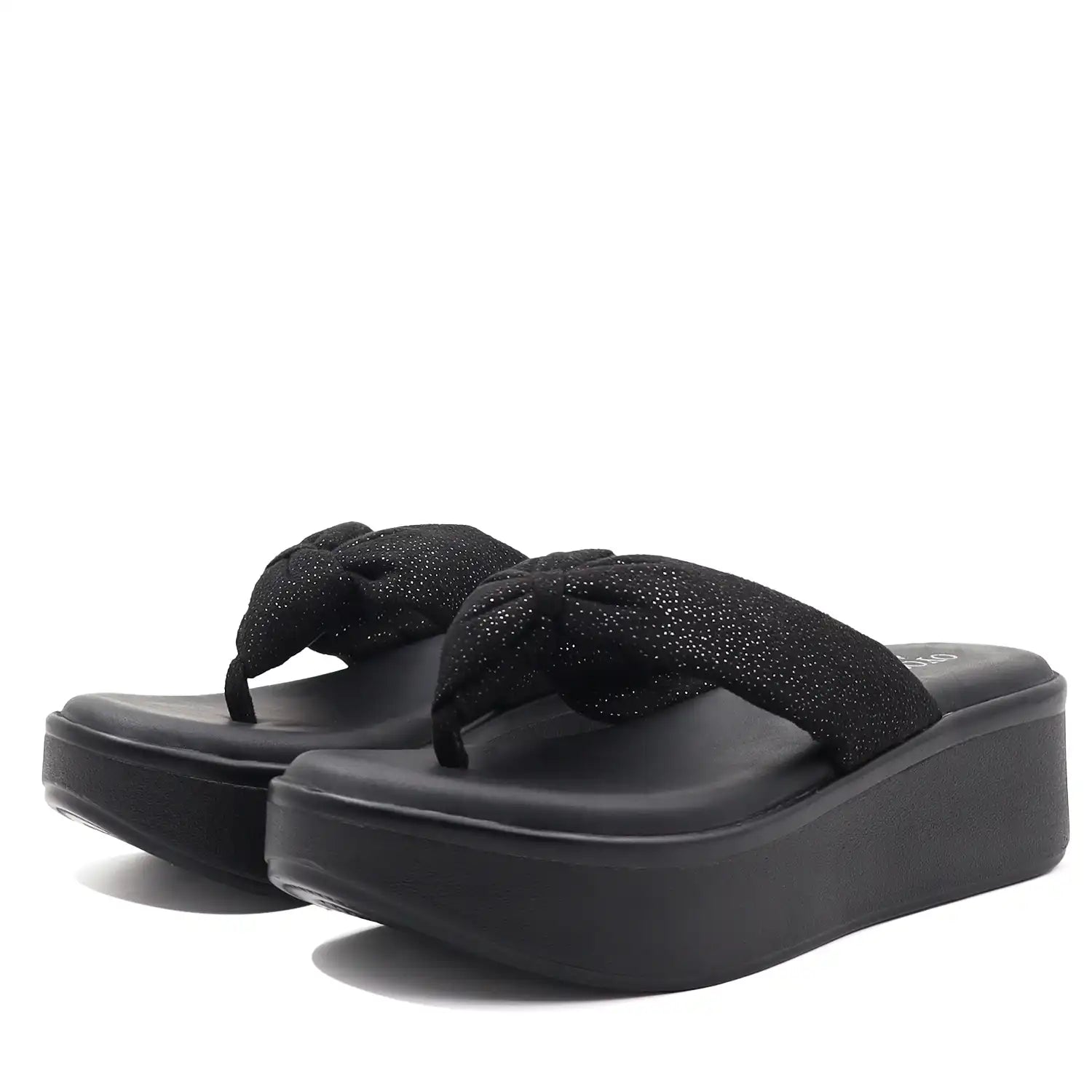 Women's black platform wedge sandals front view.