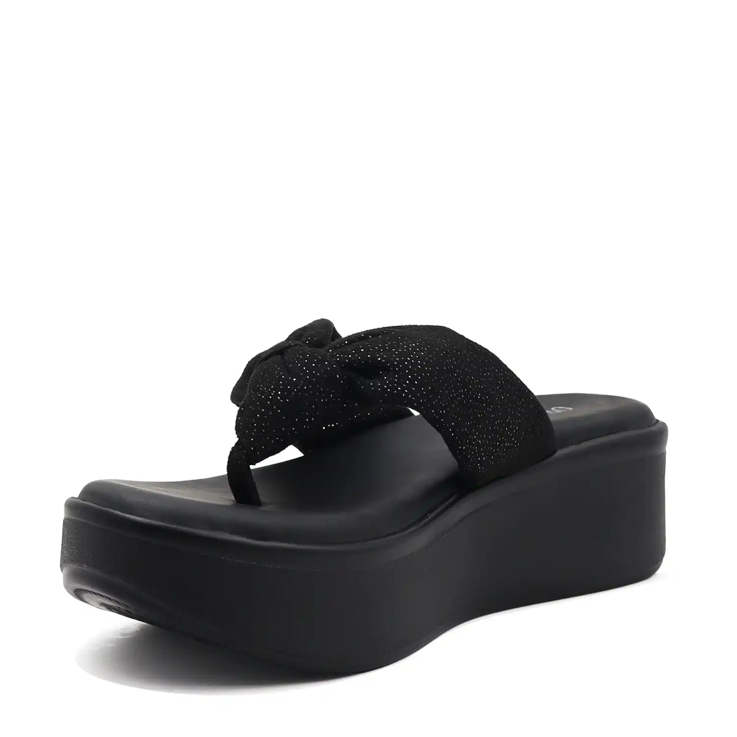 Black platform wedge sandals with a knot on upper