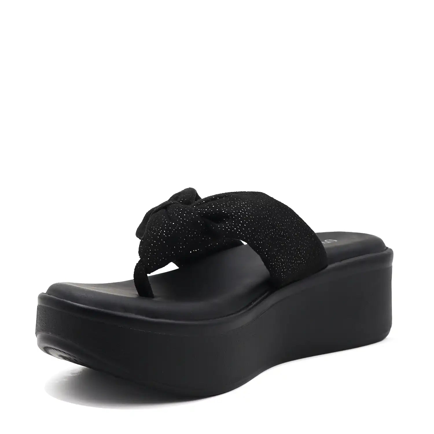 Black platform wedge sandals with a knot on upper