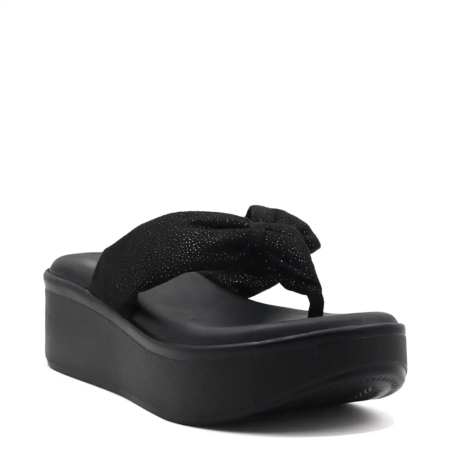 Black platform wedge sandals front view with a knot in upper.