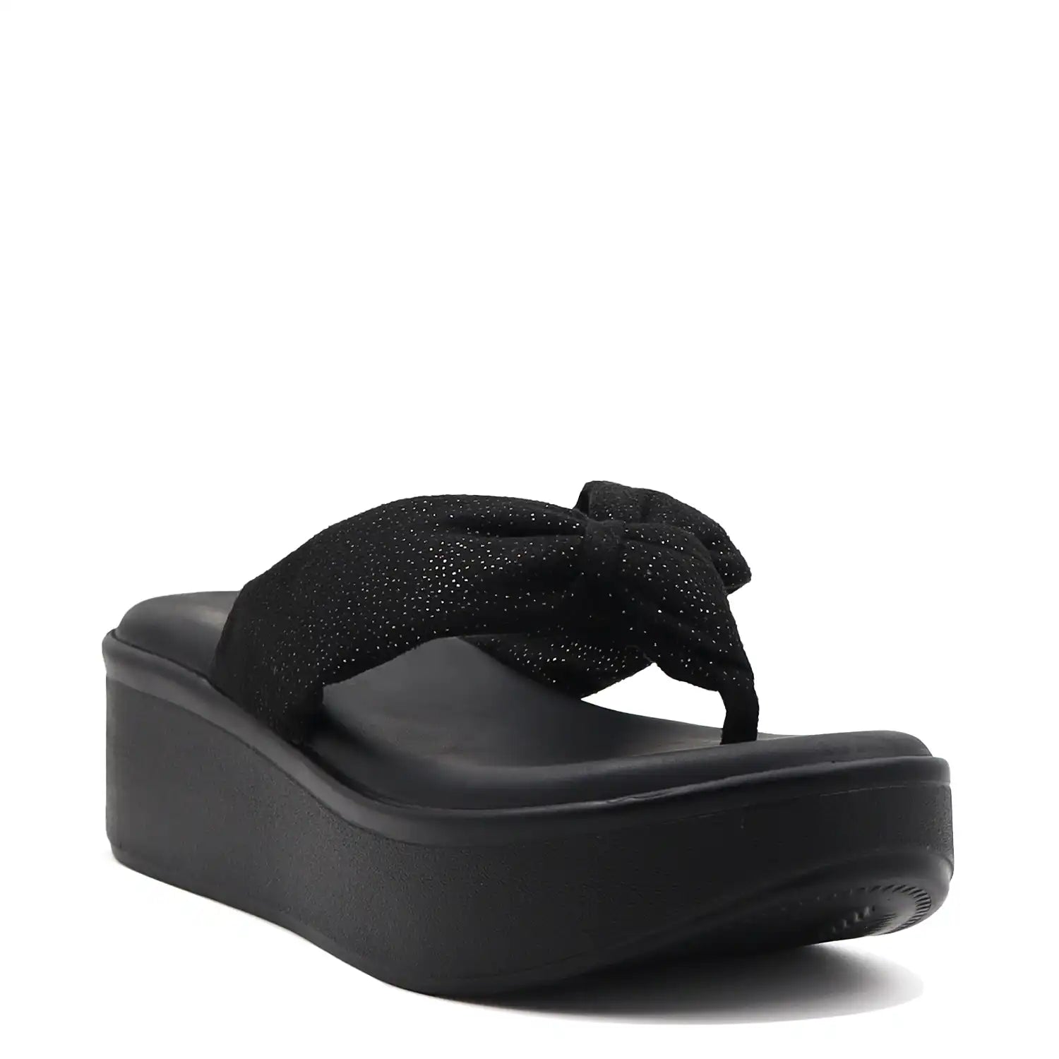 Black platform wedge sandals front view with a knot in upper.