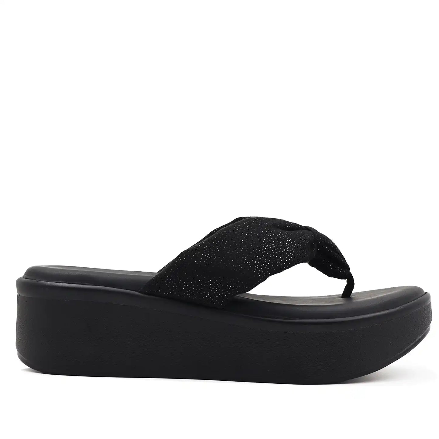 Black platform wedge sandals side profile view.