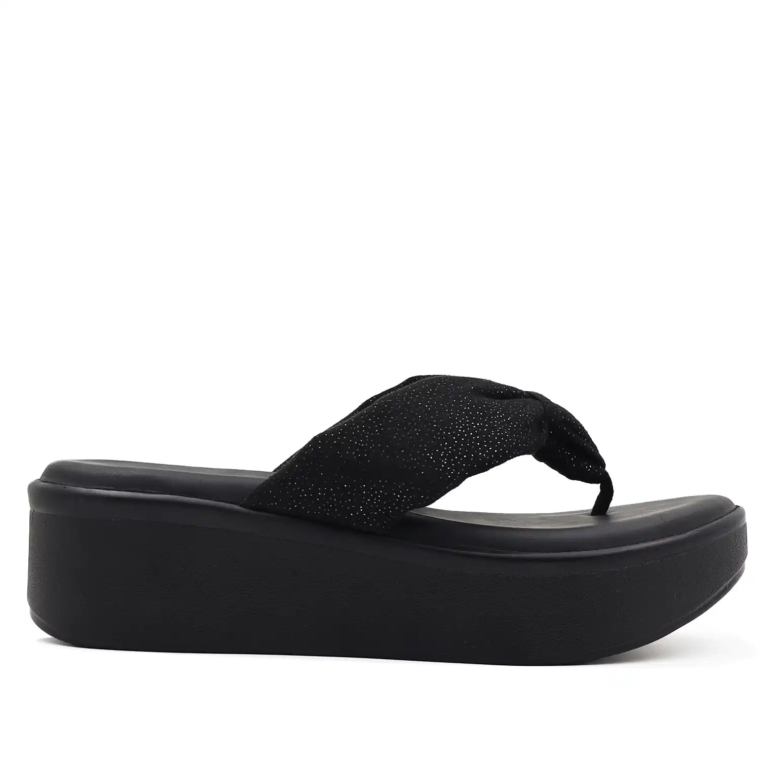 Black platform wedge sandals side profile view.