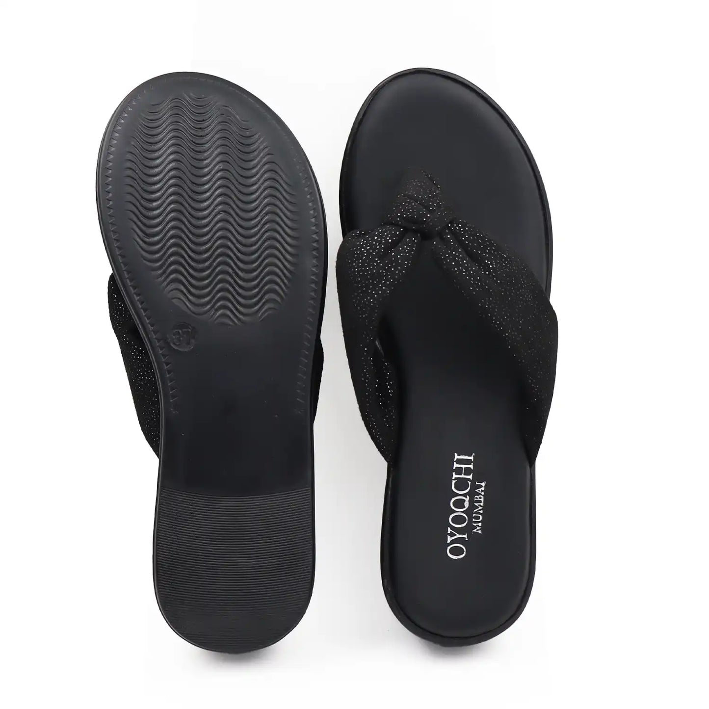 Black platform wedge sandals top and sole view.