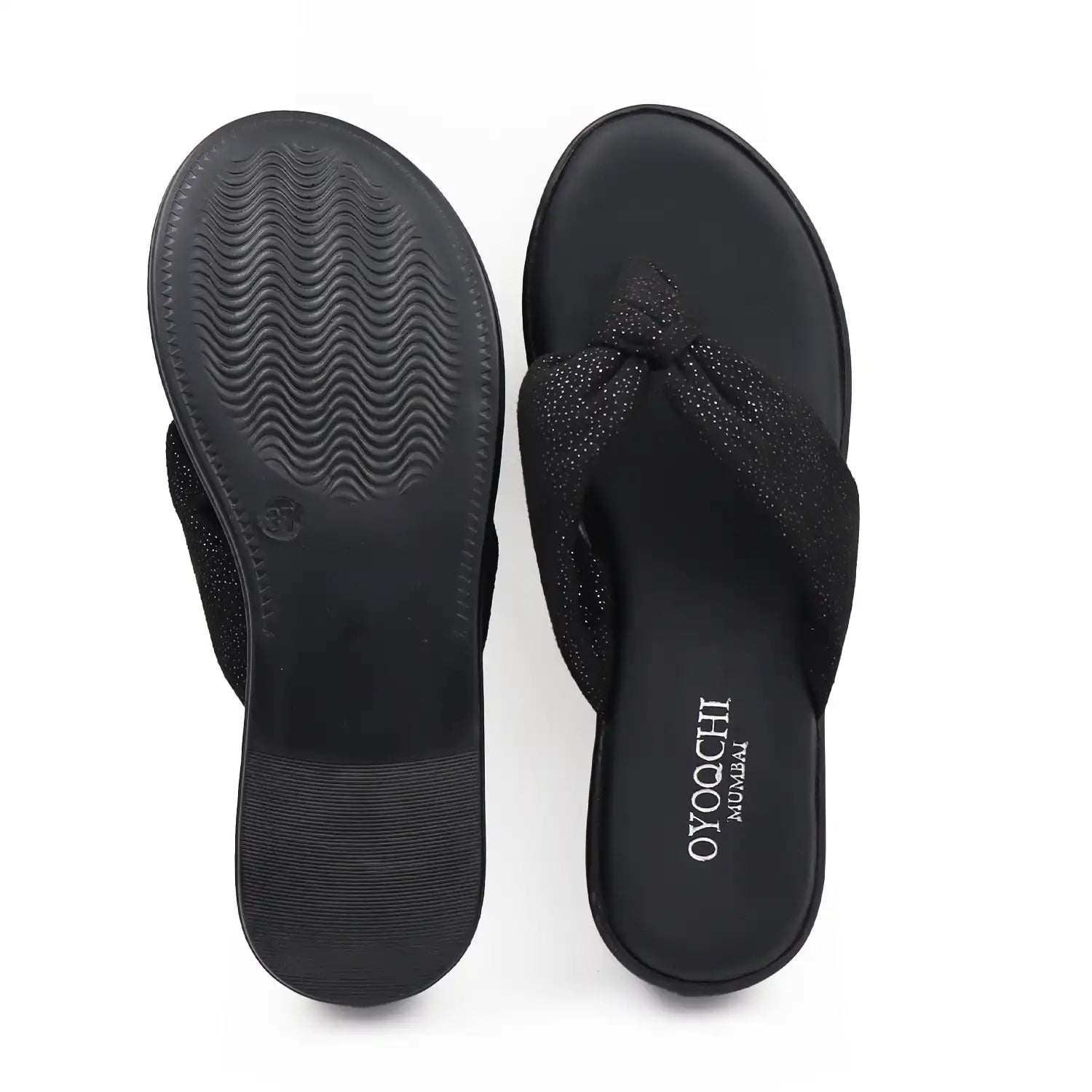 Black platform wedge sandals top and sole view.