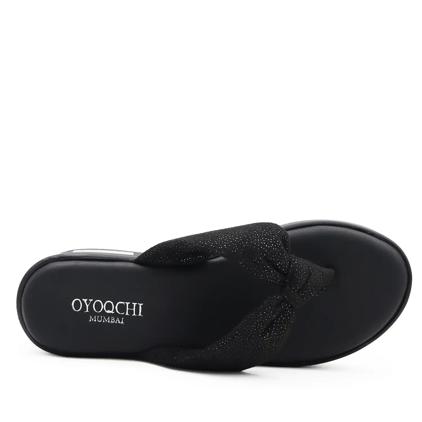 Black platform wedge sandals top view.