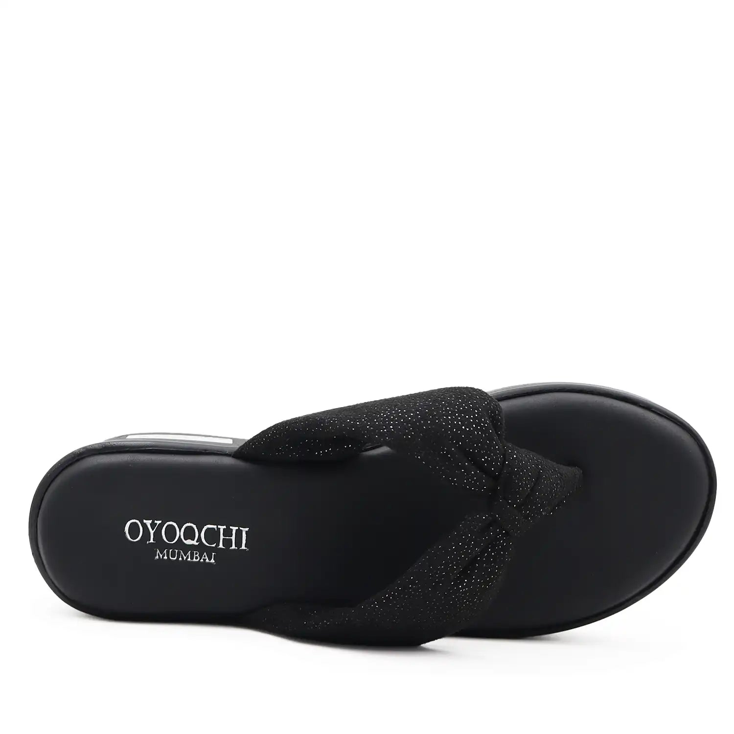 Black platform wedge sandals top view.
