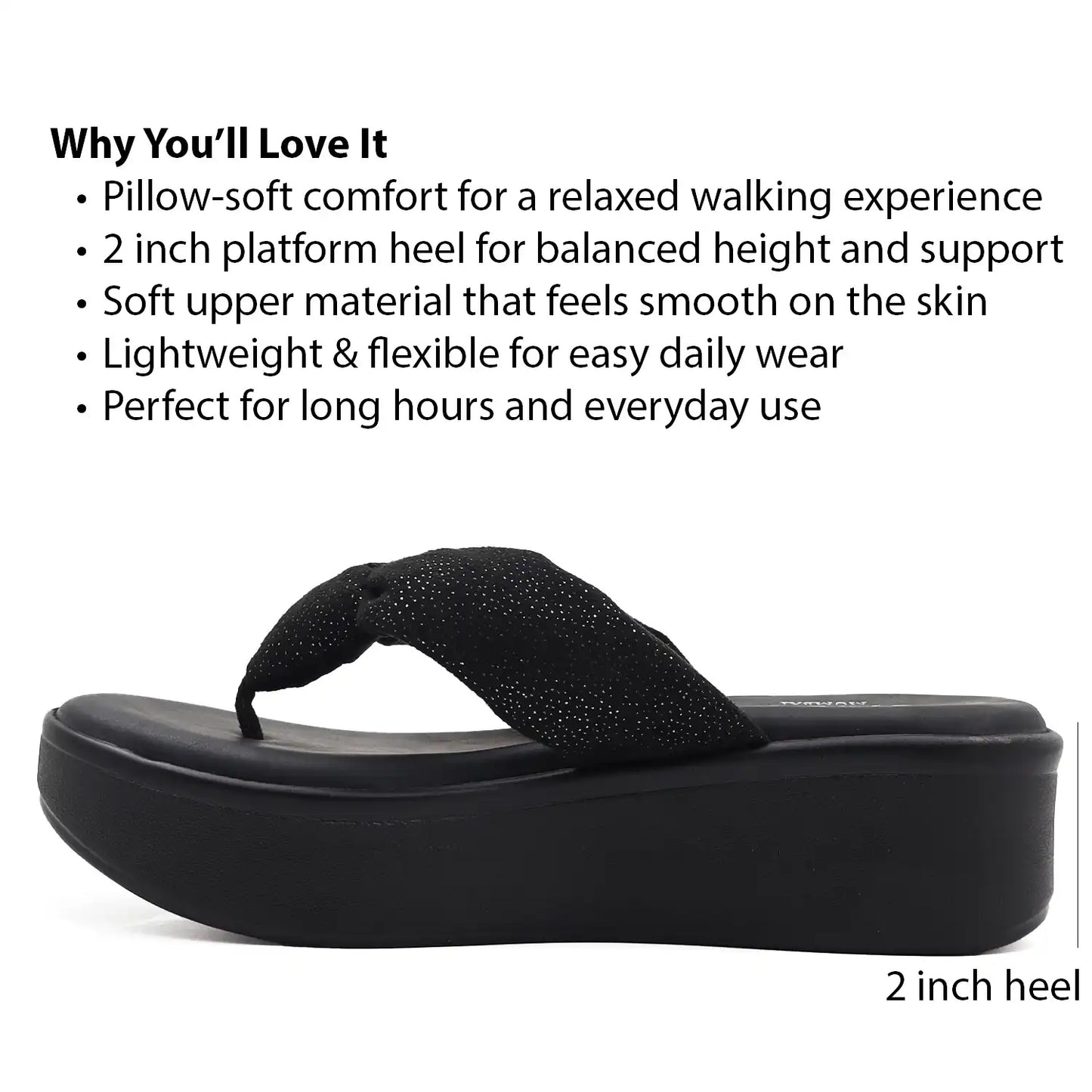 Black sandal with platform heel, featuring text about comfort and features.