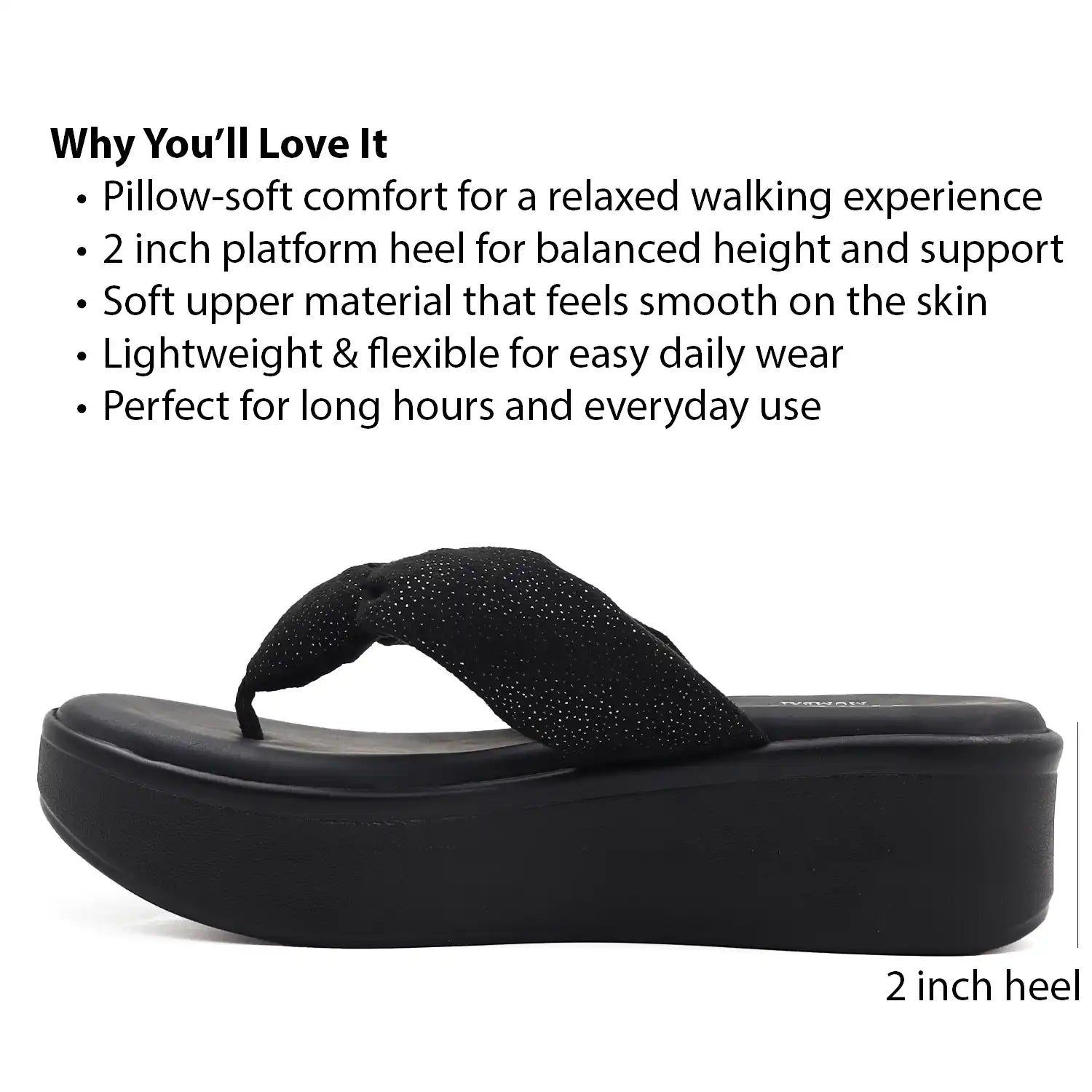 Black sandal with platform heel, featuring text about comfort and features.
