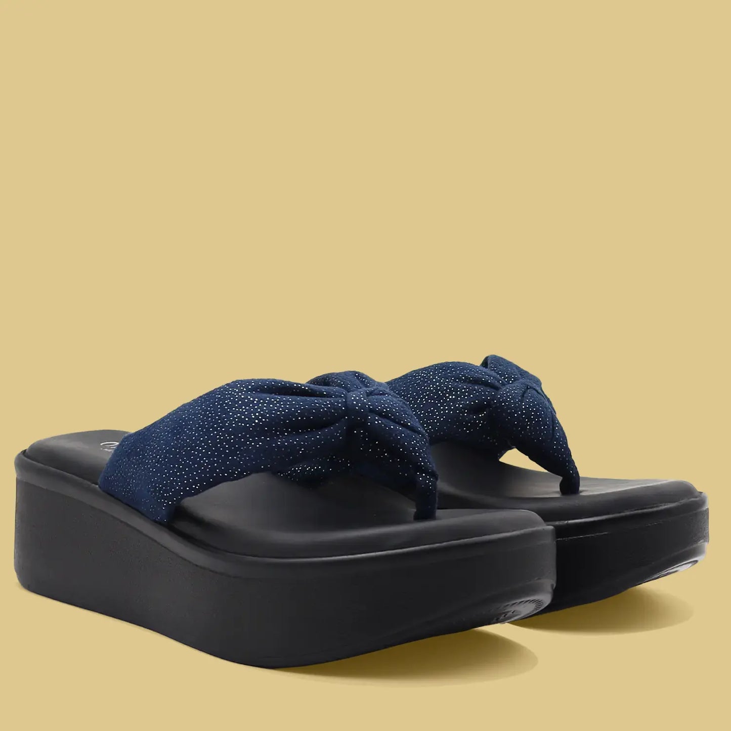 Women's navy platform wedge sandals side view.