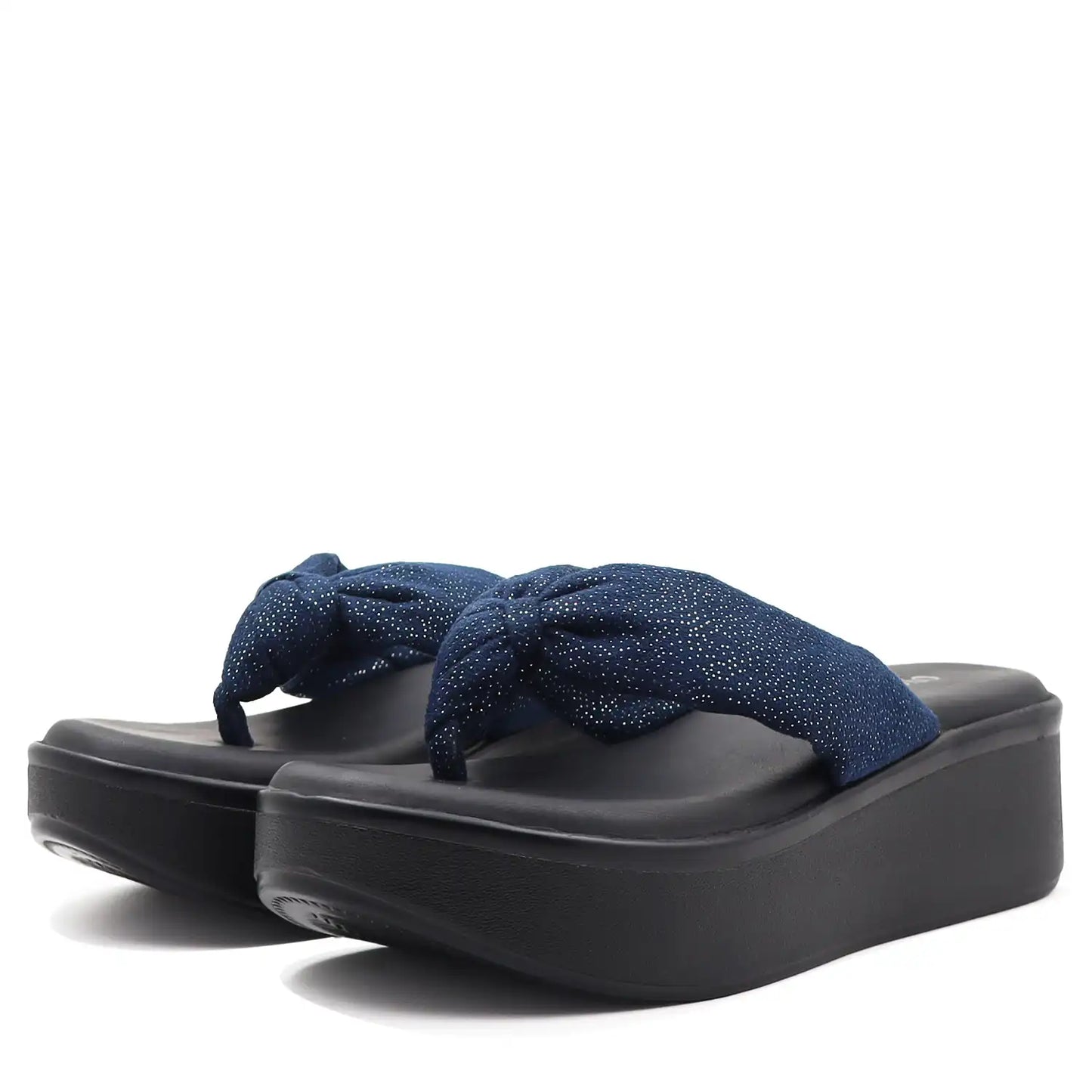 Women's navy platform wedge sandals front view.