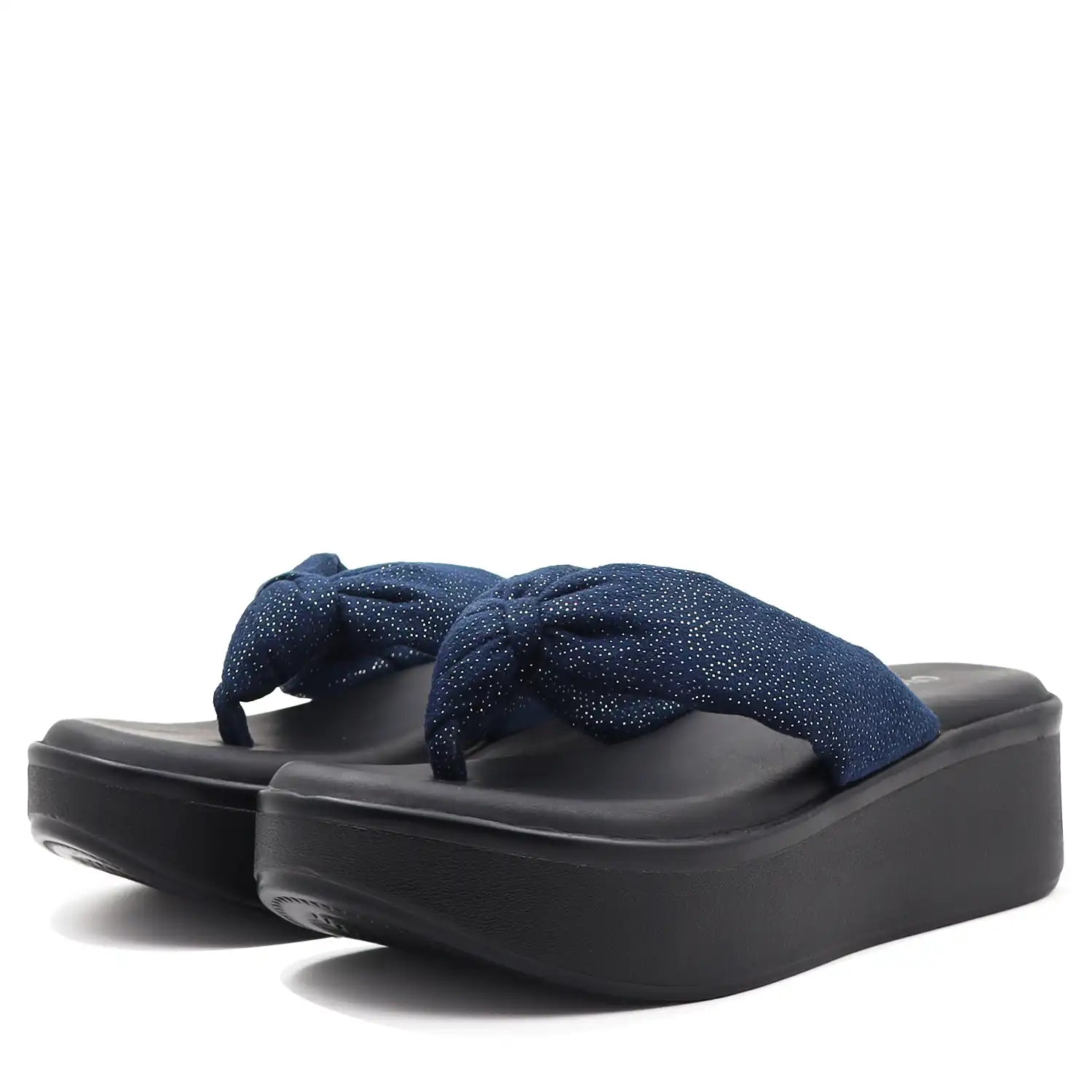 Women's navy platform wedge sandals front view.