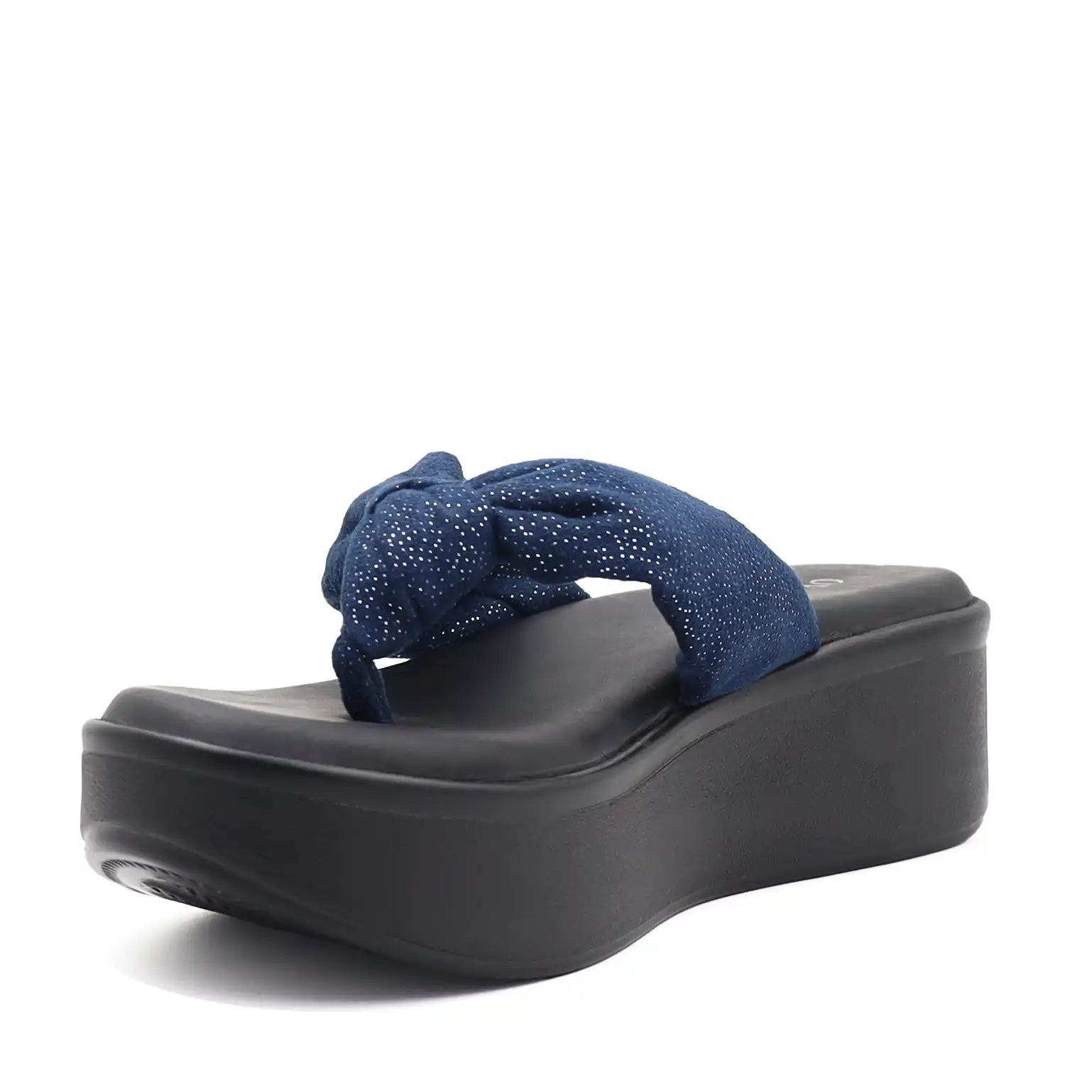 Women's navy platform wedge sandals side sole view.