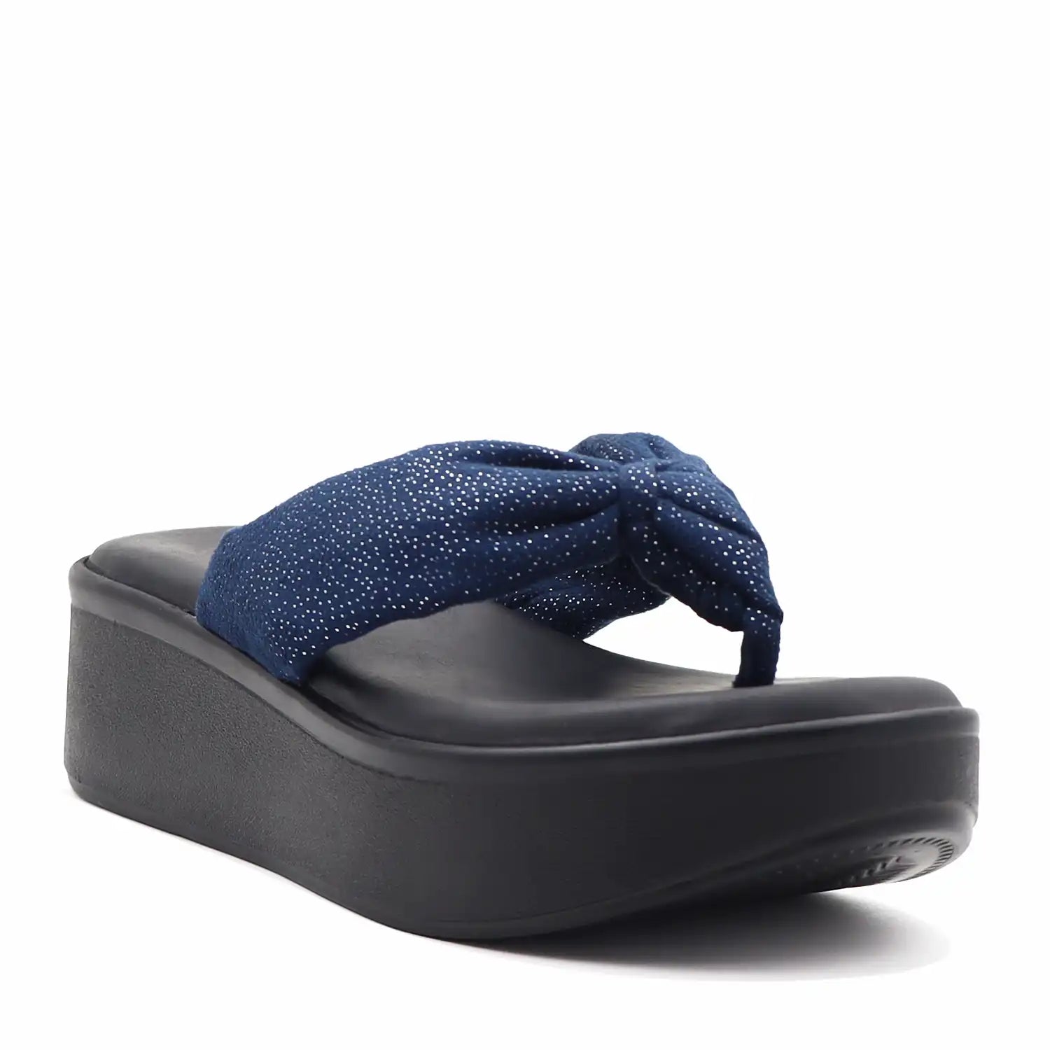 Women's navy platform wedge sandals with a knot in upper