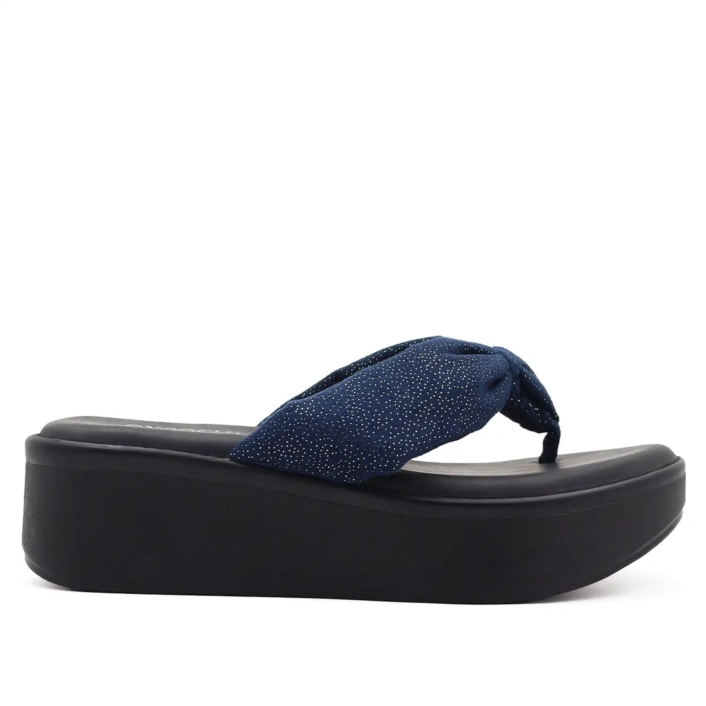 Women's navy platform wedge sandals side profile view.