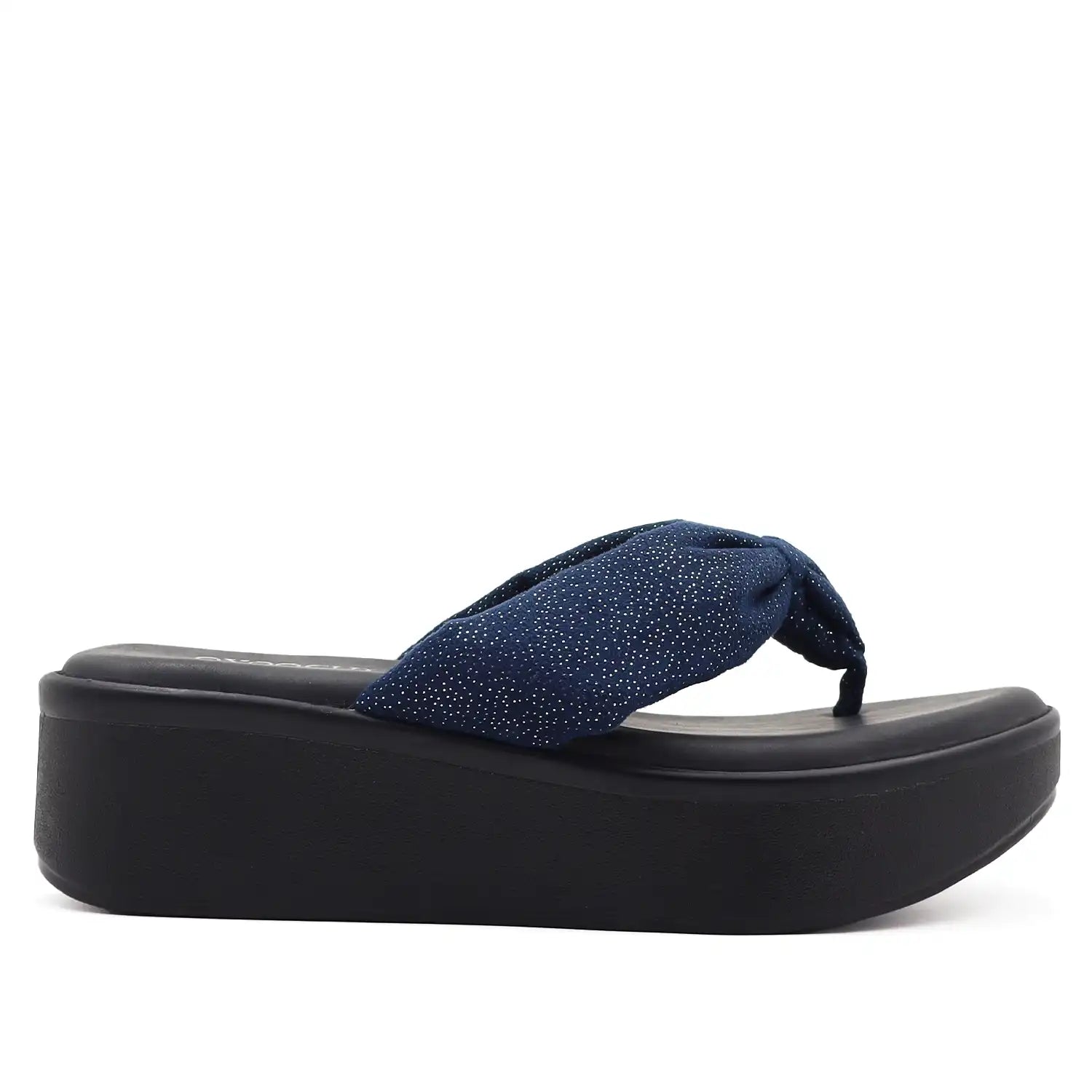 Women's navy platform wedge sandals side profile view.