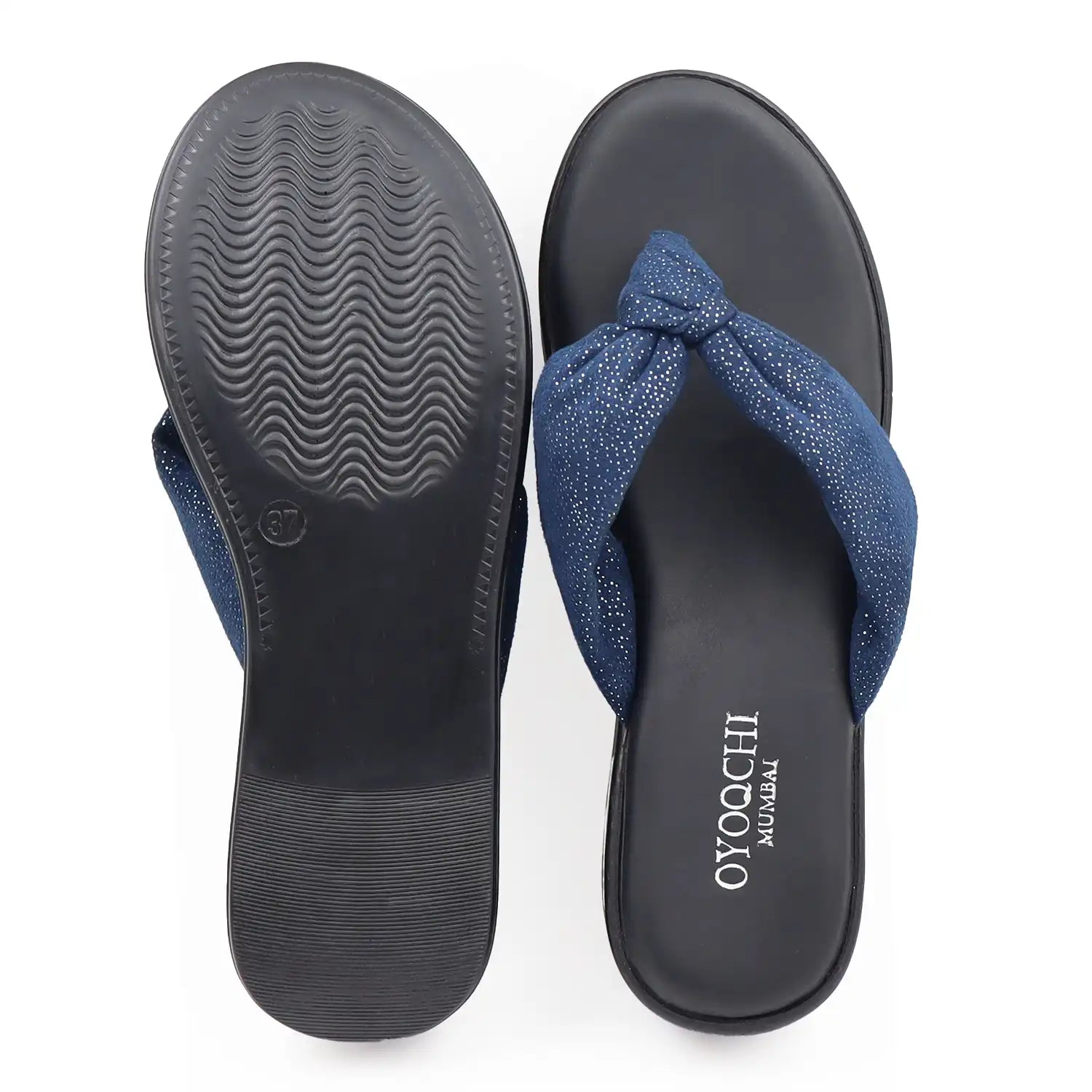 Women's navy platform wedge sandals top and sole view.