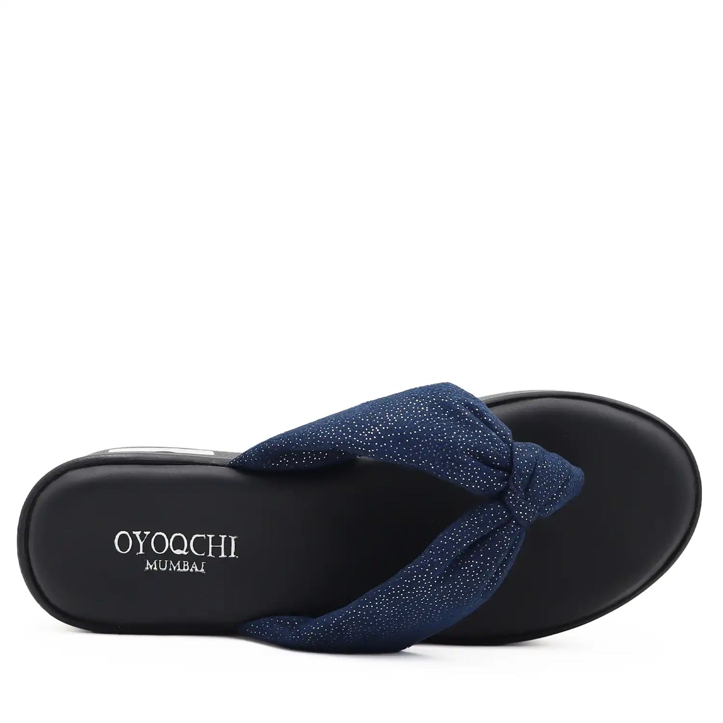 Women's navy platform wedge sandals top view. featuring the OYOQCHI brand.