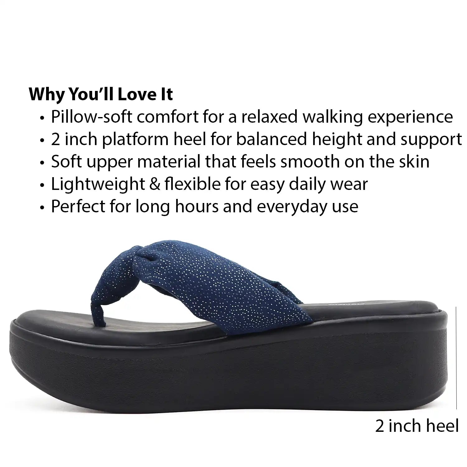 Women's navy platform wedge sandals with text listing features.