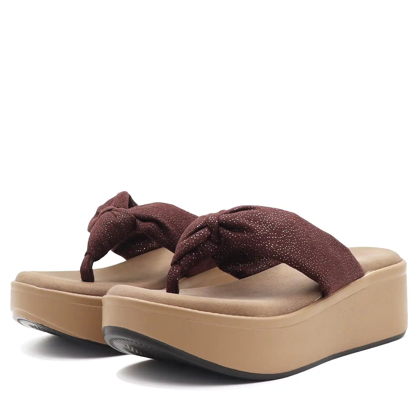 Women's tan platform wedge sandals side view.