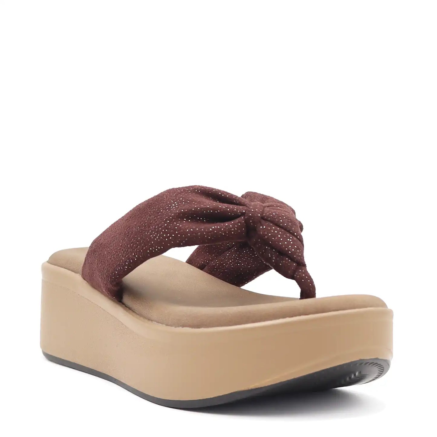 Women's tan platform wedge sandals with a knot in upper