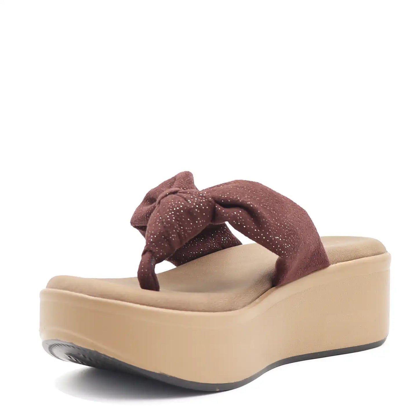 Women's tan platform wedge sandals with a knot in upper side view