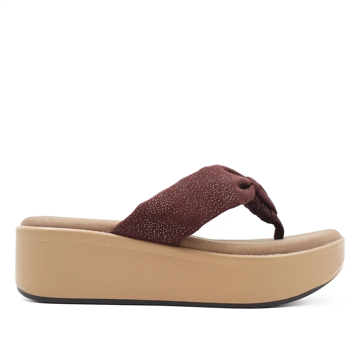 Women's tan platform wedge sandals side profile view.
