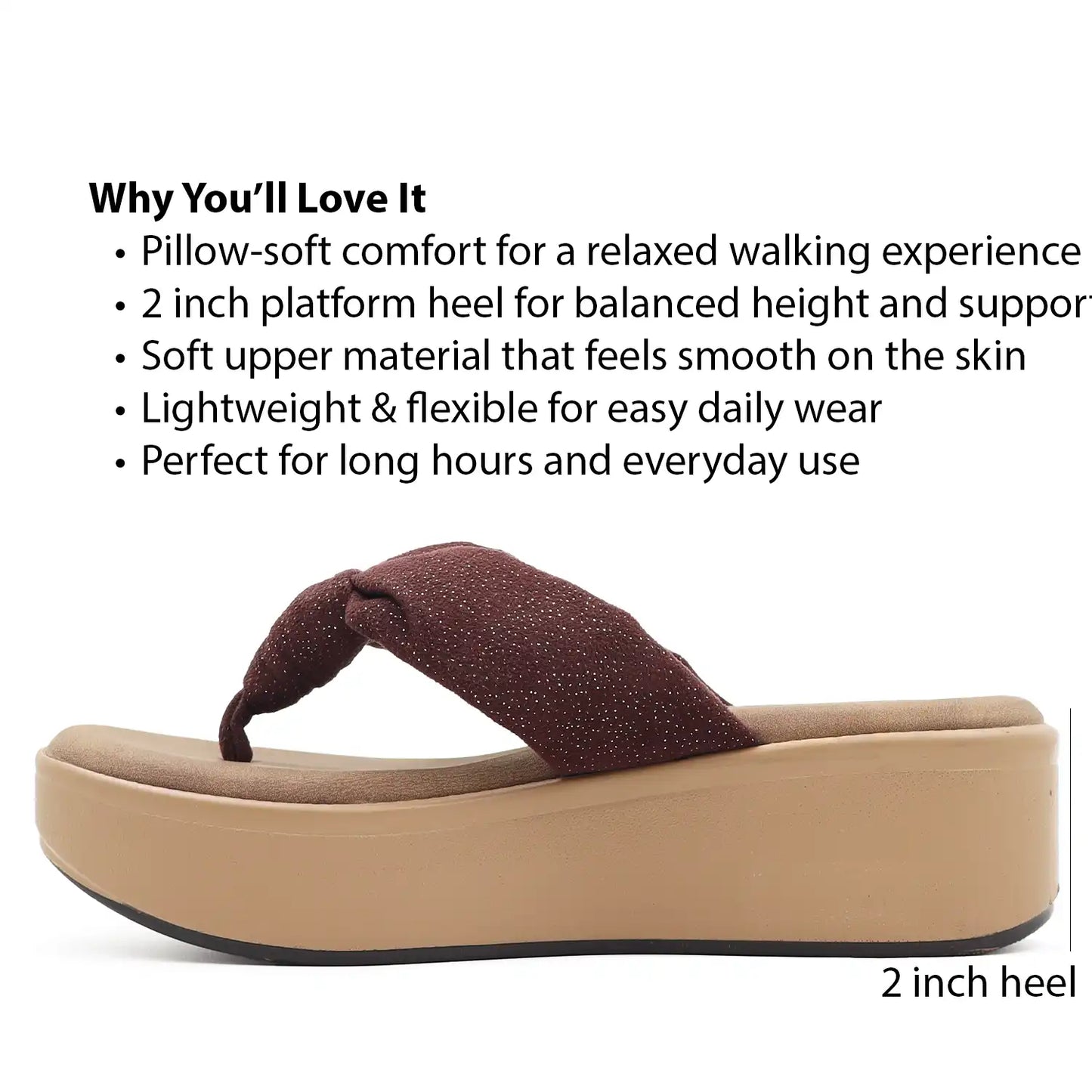 Women's tan platform wedge sandals  with text describing features.