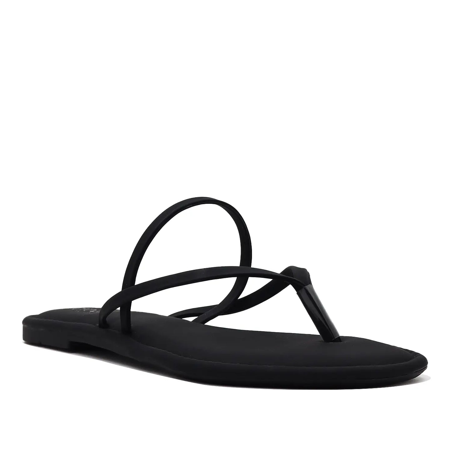 Angled view of women's black flat sandals