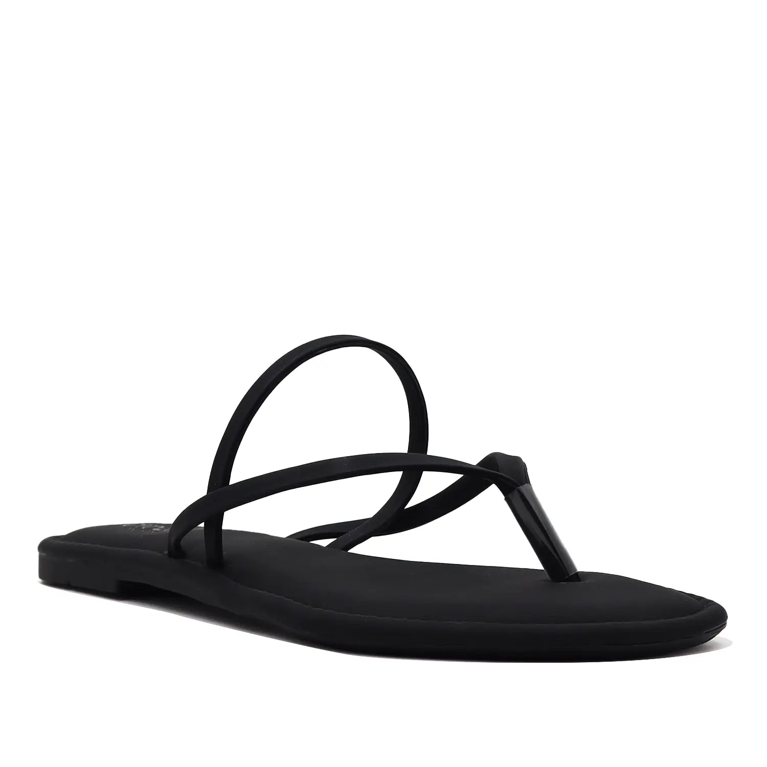 Angled view of women's black flat sandals